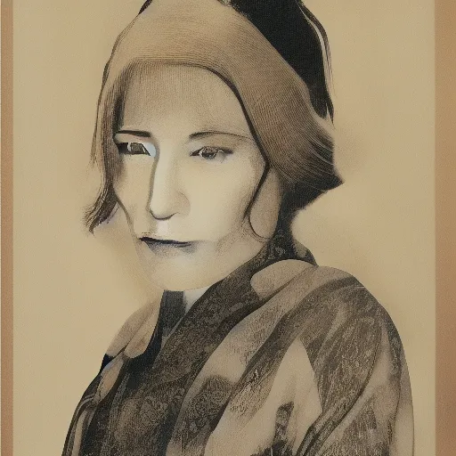 Image similar to portrait of cate blanchett ,japanese wood print