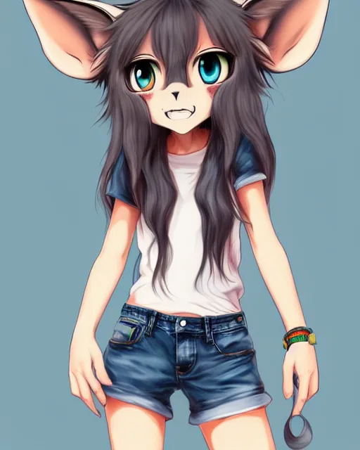Image similar to fullbody portrait of half - lynx girl with wolf nose and ears, wearing summer jeans shorts and tshirt, anime art, concept art, detailed attractive face, trending on pixiv