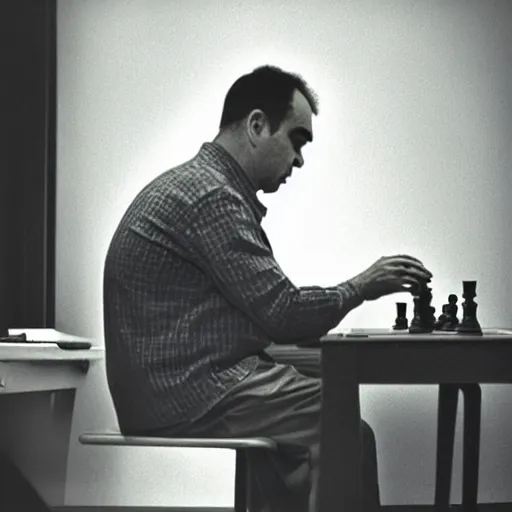 Prompt: “an dramatically lit analog photograph of Kasparov playing chess agains a computer called deep blue, puzzled and confused”