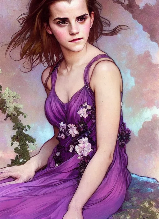 Image similar to emma watson wearing revealing pink and purple dress with flounces. beautiful detailed face. by artgerm and greg rutkowski and alphonse mucha