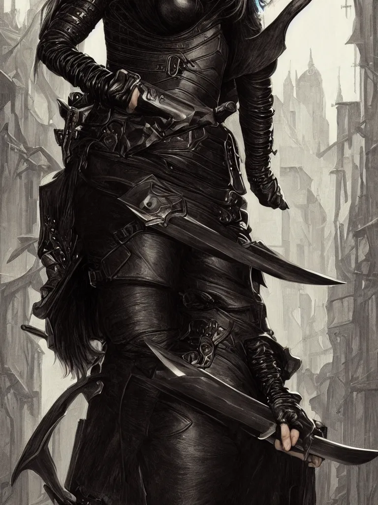 Prompt: portrait of a young sandra bullock as a thief wearing black leather armor and wielding a dagger in a dark alleyway, fantasy, intricate, elegant, highly detailed, digital painting, artstation, concept art, matte, sharp focus, illustration, art by j. c. leyendecker