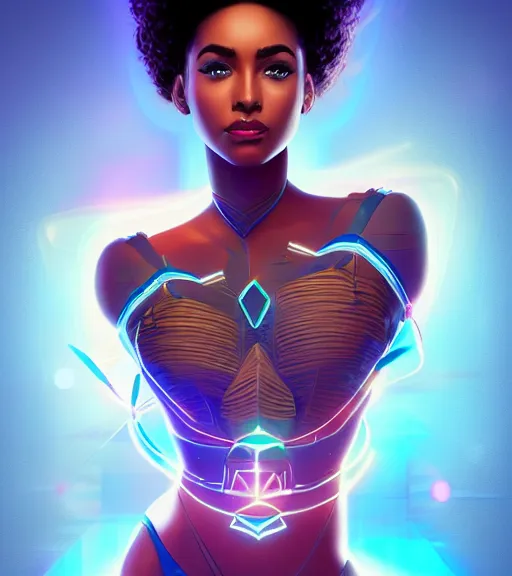 Image similar to symmetry!! egyptian princess of technology, solid cube of light, hard edges, product render retro - futuristic poster scifi, lasers and neon circuits, beautiful brown skin woman egyptian princess, intricate, elegant, highly detailed, digital painting, artstation, concept art, smooth, sharp focus, illustration, dreamlike, art by artgerm