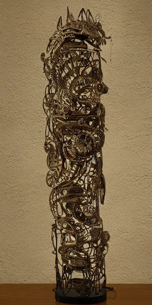 Image similar to animal fish machine sci - fi totem, carved from wood metal and translucent plastic, intricate details, tribal designs, cinematic, volumetric lighting