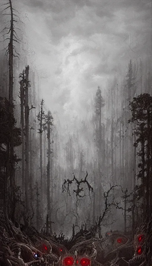 Image similar to a storm vortex made of many demonic eyes and teeth over a forest, by jakub rozalski