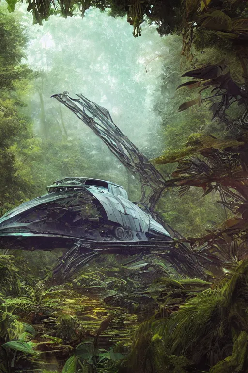 Image similar to a crashed sci-fi spacecraft in a magical tropical rain forest, D&D, fantasy, intricate, cinematic lighting, highly detailed, digital painting, artstation, concept art, smooth, sharp focus, illustration, art by Terry Moore and Greg Rutkowski and Alphonse Mucha