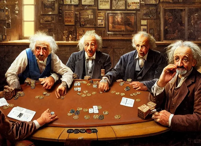 Prompt: albert einstein and isaac newton and stephen hawkins playing poker in an old west saloon, intricate, highly detailed, centered, digital painting, artstation, concept art, smooth, sharp focus, illustration, art by james gurney and norman rockwell and greg rutkowski