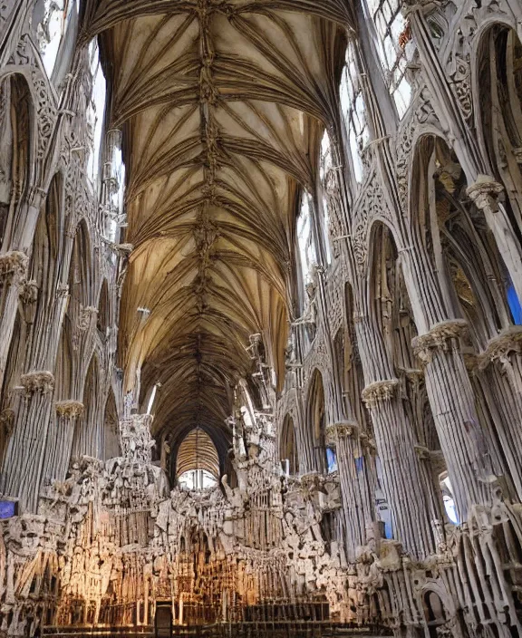 Prompt: an interior view of a grand cathedral made of bones and gemstones