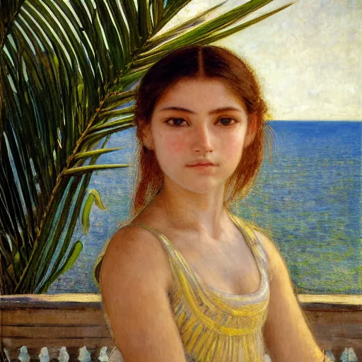 Image similar to a ultradetailed beautiful painting of a girl in the amazonas palace balustrade designed by jules bastien - lepage, tarsila do amaral, frank weston and gustave baumann, beach, trending on artstation, mediterranean, palm trees, detailed face, sharp focus, soft light, 8 k 4 k