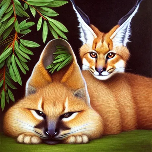 Image similar to fullbody portrait of cute fluffy caracal, wearing laurel wreath on his head, illustration, high detail, francine van hove