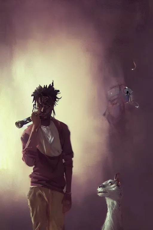 Prompt: Playboi Carti smoking a blunt, atmospheric, illustrated by Greg Rutkowski , Trending on artstation,