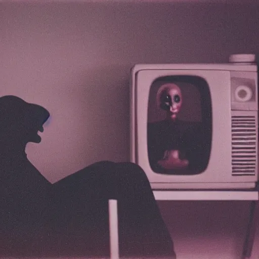 Prompt: a creepy mannequin watching TV in the dark at 4am, VHS found footage