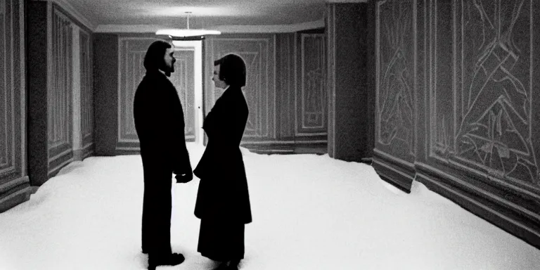 Prompt: photorealistic ultra wide cinematography of danny and wendy torrance from stanley kubrick's 1 9 8 0 film the shining, walking and navigating the overlook hotel's hedge labyrinth shot on 3 5 mm eastman 5 2 4 7 film by the shining cinematographer john alcott shot on a wide kinoptik tegea 9. 8 mm lens. with golden ratio composition