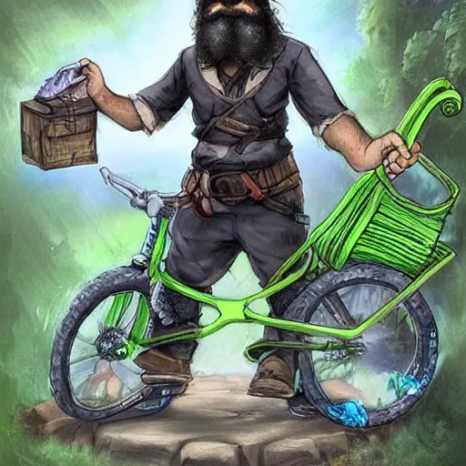 Image similar to a bearded and long haired bicycle food delivery worker with a green bag on his back in ireland, he has boots, hearthstone art style, epic fantasy style art by kim jung gi, fantasy epic digital art