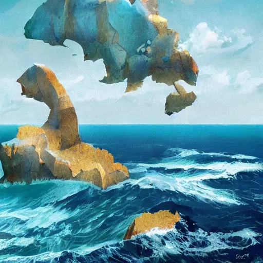 Prompt: A great vast ocean with islands peninsula archipelago, surreal, by Dave McKean, colorful, high quality, beautiful, high resolution, 8k, trending on Artstation, surreal