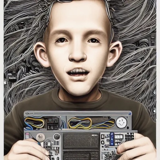 Image similar to illustration of a boy connected to his laptop with hundreds of wires, highly detailed, by butcher billy, cgsociety, mcbess, rutkowski, james jean, 8 k, photorealistic