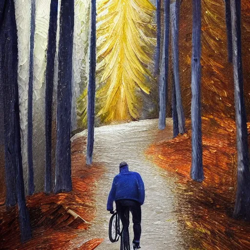 Image similar to man biking up a steep forest hill with a deep dark blue sweater. sweaty. Oil painting. Emotional. Trending on artstation. Steep. Nordic Trees. Rustic. Artistic.