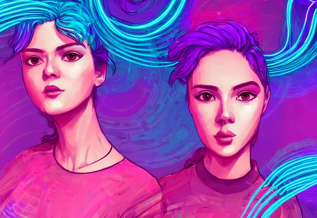 Image similar to a award winning half body portrait of a beautiful woman in a croptop and cargo pants with ombre purple pink teal hairstyle surrounded by whirling illuminated lines, outrun, vaporware, shaded flat illustration, digital art, trending on artstation, highly detailed, fine detail, intricate sensual