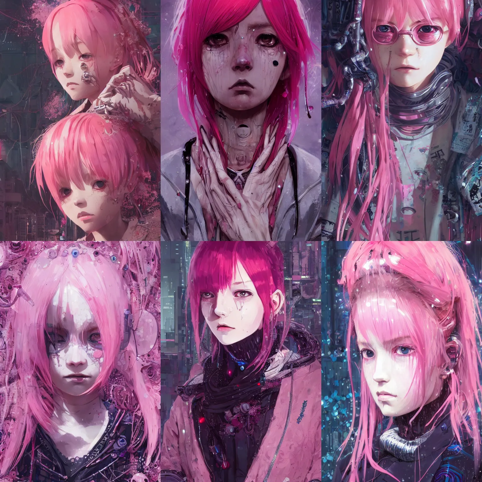 Image similar to by kyoto animation, very creepy biopunk girl pink hair, tears from the eyes, wearing cyberpunk intricate streetwear, beautiful, detailed portrait, intricate complexity, ilya kuvshinov, cell shaded, 4 k, concept art, by wlop, ilya kuvshinov, greg rutkowski, sharp focus, volumetric lighting, cinematic lighting