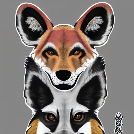 Prompt: a full - body centered front - perspective furry male fursona portrait, a male african wild dog fursona, with a yin and yang tattoo on the left side of the chest, trending on twitter, high - resolution, photorealistic