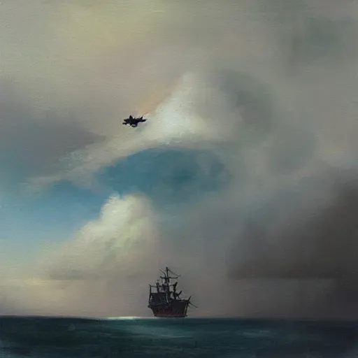 Prompt: “pirate ship crashing through clouds. Oil painting.”