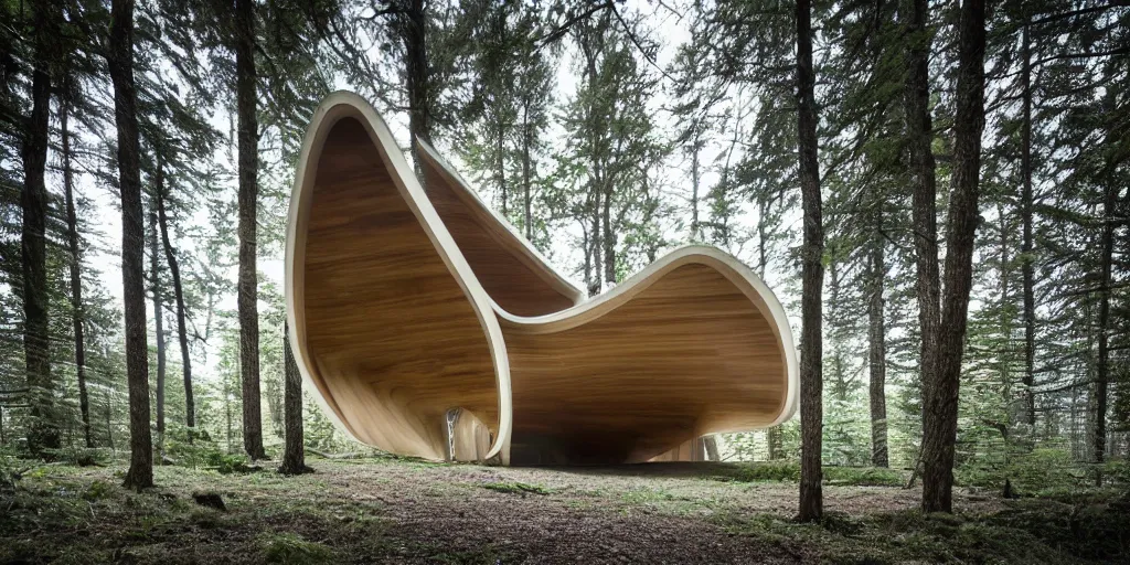 Prompt: wooden cabin designed by zaha hadid in an ominous forest, architectural photography