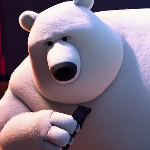 Image similar to ice bear as a robot with an axe from we bare bears in san fransisco, 8 k, weta pixar disney hyper realistic lifelike raytraced cinematic still photography