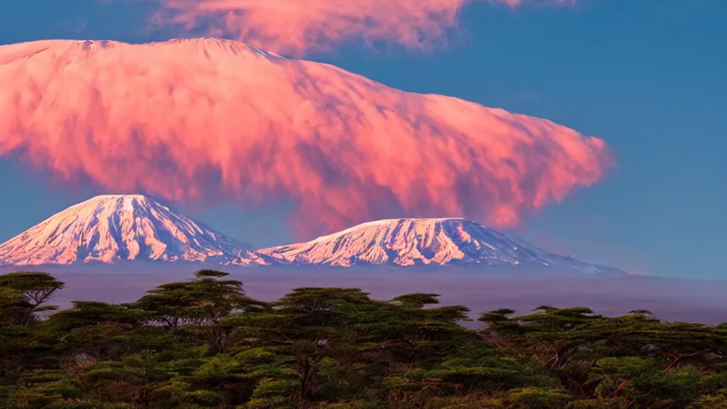 Prompt: Mount Kilimanjaro under the pink clouds backlit by the sun