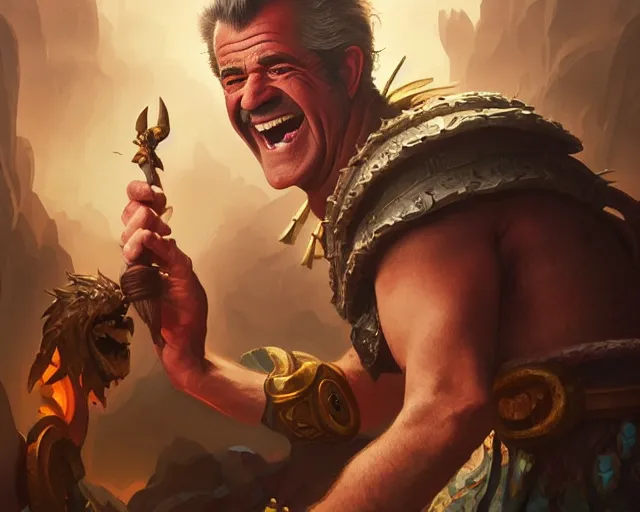 Image similar to mel gibson laughing out loudy, photography of kurzgesagt, deep focus, d & d, fantasy, intricate, elegant, highly detailed, digital painting, artstation, concept art, matte, sharp focus, illustration, hearthstone, art by artgerm and greg rutkowski and alphonse mucha