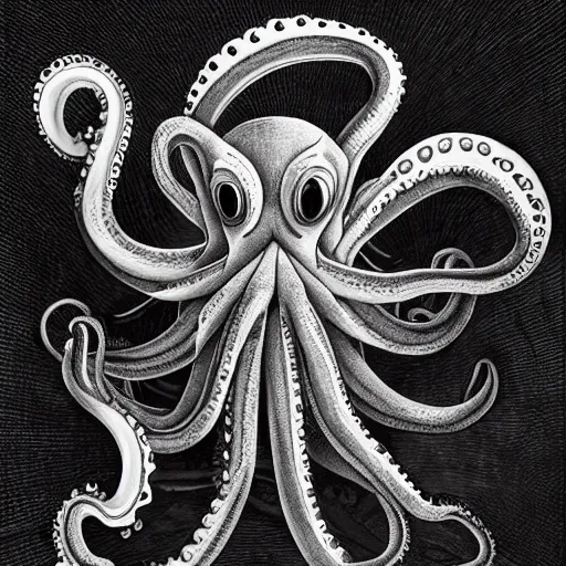 Image similar to a cross between a cat and an octopus, realistic, detailed, black and white illustration