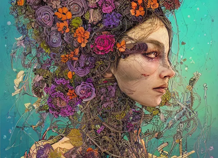 Prompt: a painting of a beautiful cyborg girl with a lot of flowers and plants on its head, surrounded by cables, poster art by android jones, behance contest winner, generative line art, made of flowers, grotesque, concert poster