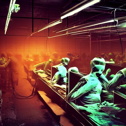 Image similar to evil souls being produced in surreal sweatshop under fluorescent light hell, advanced, photorealistic, realistic, dramatic lighting, fantastic reality, by stefan bakałowicz, 8 k resolution