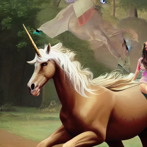 Prompt: lady godiva riding a unicorn, HD 4k