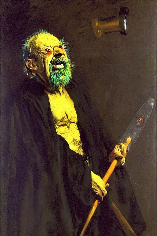 Image similar to insane crazy old priest in stained robes, surrounded by an aura crow feathers, holding a glowing sledgehammer, portrait, painting by francis bacon, by ilya repin, by goya