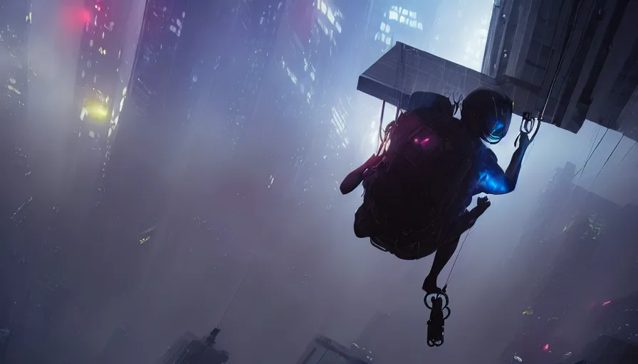 Prompt: man parachuting into a dark cyberpunk city through clouds, volumetric lighting, dystopia, artstation, concept art, painting