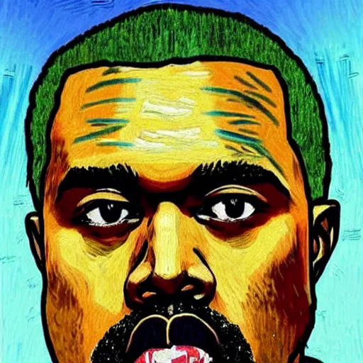 Prompt: portrait of kanye west in a yeezy sweatshirt in the style of vincent van gogh, colorful, artistic, vibrant, high fashion, art