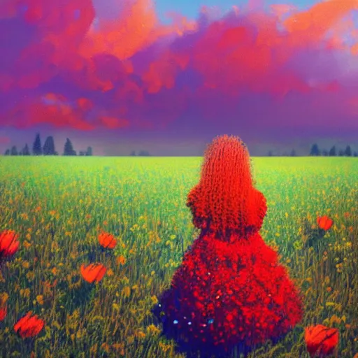 Image similar to large red flower afro, girl standing in a field with flowers, surreal photography, hills, big trees, sunrise dramatic light, impressionist painting, colorful clouds, digital painting, pointillism, artstation, simon stalenhag