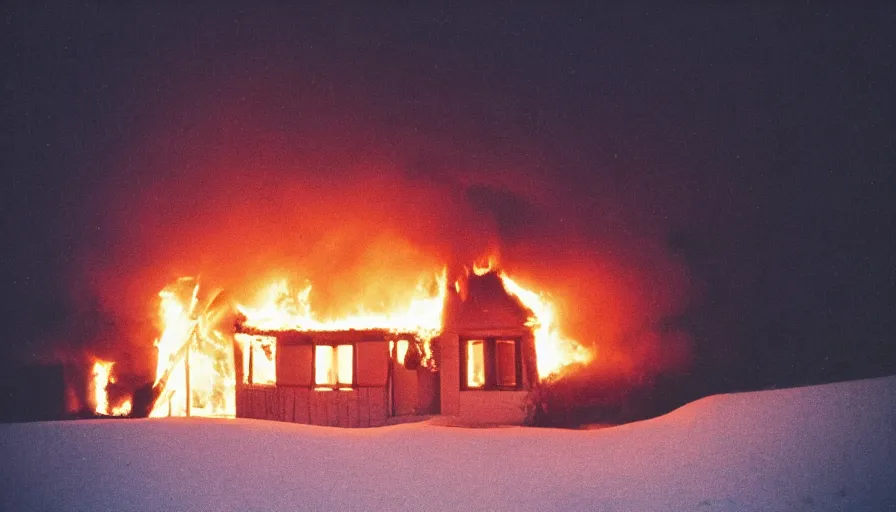 Image similar to 1 9 7 0 s movie still of a burning french style little house in a small northern french village by night in winter, cinestill 8 0 0 t 3 5 mm, heavy grain, high quality, high detail, dramatic light, anamorphic, flares