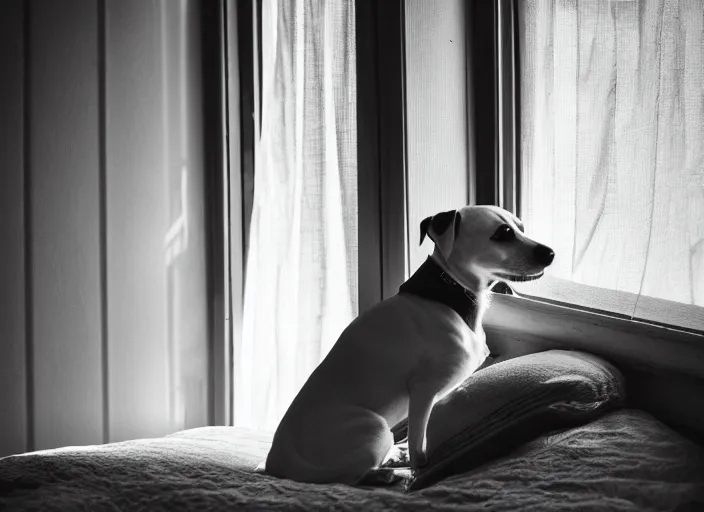 Image similar to photography of a Jack Russel . watching outside the window. on a bed. in a vintage room full of vinyls and posters.,volumetric light, photorealistic,, award winning photo, 100mm, sharp, high res