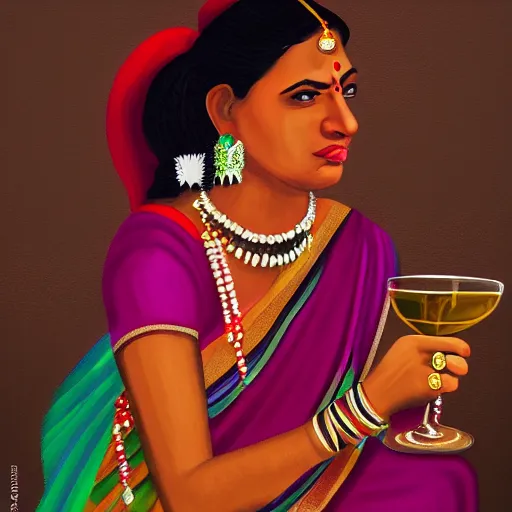 Image similar to indian woman sipping wine, highly detailed, lonely, diverse colors, 4 k, dynamic composition