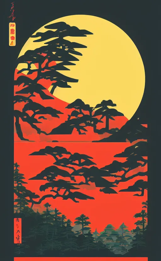 Image similar to hanafuda, a big red charm is floating above a forest of japanese pines, a big red sun in the background, original style, front game card, vector line art, trending on behance, concept art, stunning, matte