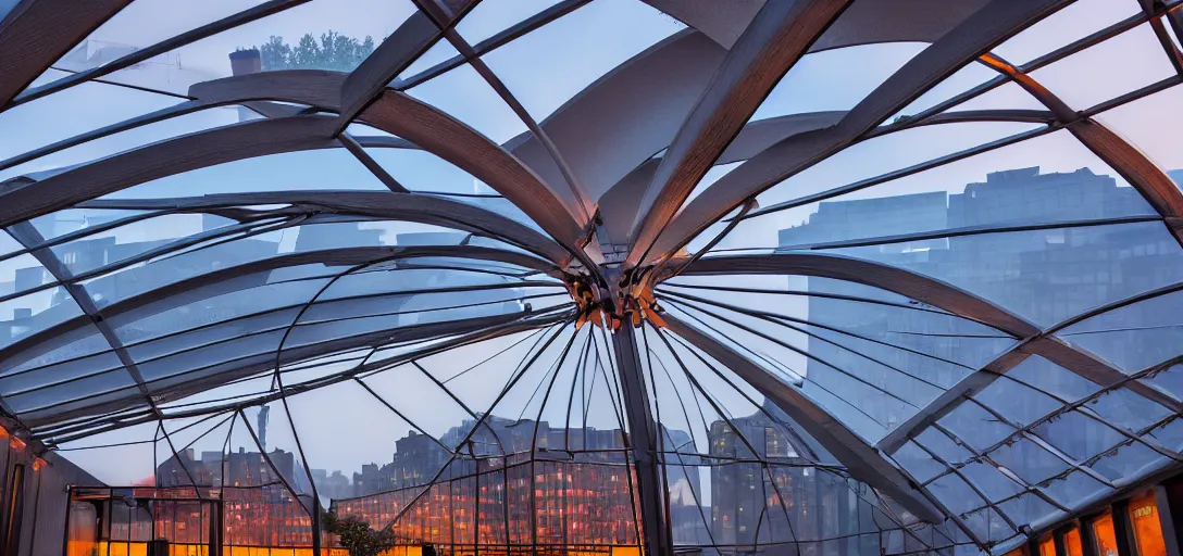 Prompt: curved roof planes lift and descend creating shade and architectural expression, situated on a rooftop in manhattan, highly detailed, vivid color, high resolution photography, mist, dusk