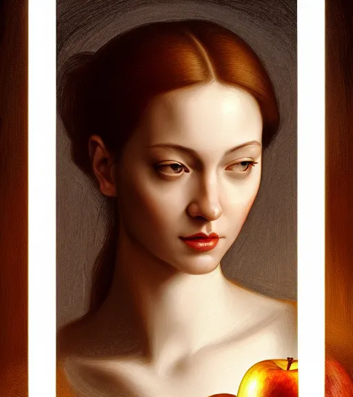 Image similar to portrait of a woman and an apple sitting upon a table with heightened detail, poised, intense emotion, detailed facial expression, detailed surroundings, intricate, elegant, highly detailed, centered, digital painting, artstation, concept art, smooth, sharp focus, illustration, by ( leonardo da vinci ), wlop