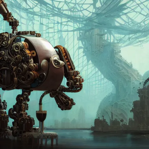 Prompt: robot using modular synth, bypeter mohrbacher and chris myer, intricate detail, finely detailed, small details, extra detail, photorealistic, high resolution, vray, hdr, hyper detailed, insane details, intricate, elite, ornate, elegant, luxury, dramatic lighting, octane render, weta digital, micro details, 3 d sculpture