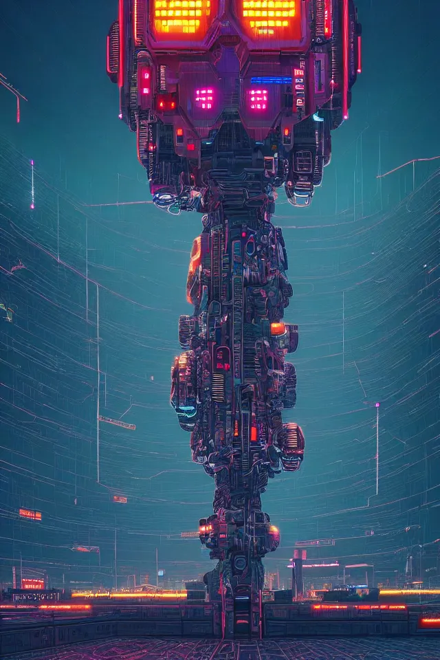 Prompt: cyberpunk mechatower made out of billions of stacked computer screens by simon stalenhag, el bosco and dan mumford, omnipresent ai god, mass effect fantasy, cinematic lighting, golden hour