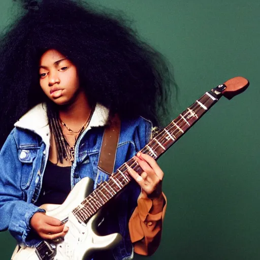 Prompt: 19-year-old black girl, African American girl, with long shaggy black hair, afro hair, wearing denim jacket and bell-bottom jeans, playing electric guitar, stoner metal concert, heavy blues rock, punk rock, noise rock, concert lighting, VHS quality, 1993 photograph