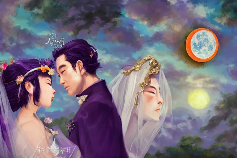 Image similar to a cinematic portrait of wedding photograph jpeg close up moment of a divine a japan sun god and moon goddess lovers magician at a wedding banquet. portraiture. digital painting. artstation. concept art. wedding photo. digital painting. violet evergarden art masterpiece by art by krenz cushart