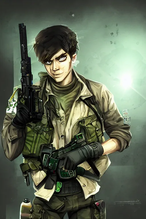 Prompt: a saboteur carrying multiple bombs and bullets in his body, green eyes, highly detailed, digital art, sharp focus, ambient glow, trending on art station, anime art style