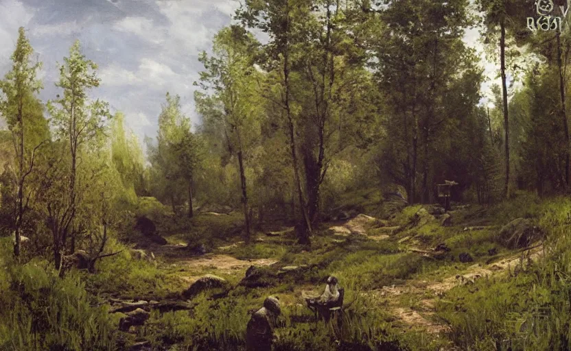 Image similar to hyppogriph near Hagrid's stone hut, spring, matte painting, dark forest on background, by Isaac Levitan and Vasily Perov