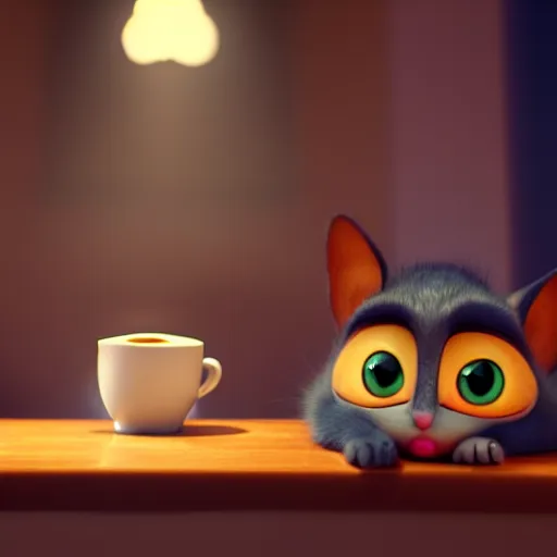 Image similar to a cute cat with big eyes looking at a cup of coffee at night full of stars. Pixar Disney 4K 3d render funny animation movie Oscar winning trending on ArtStation and Behance. Ratatouille style.