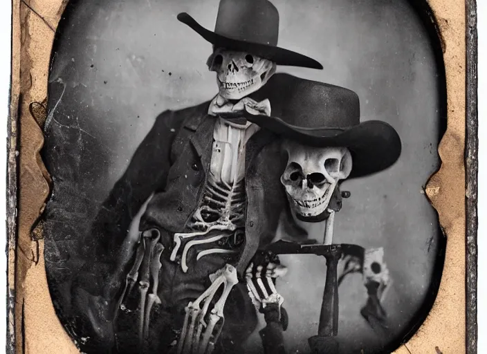 Image similar to tintype photograph of an renegade skeleton cowboy outlaw at a busy saloon in the old west, alcohol, old player piano, wide angle, volumetric lighting, cinematic, bokeh